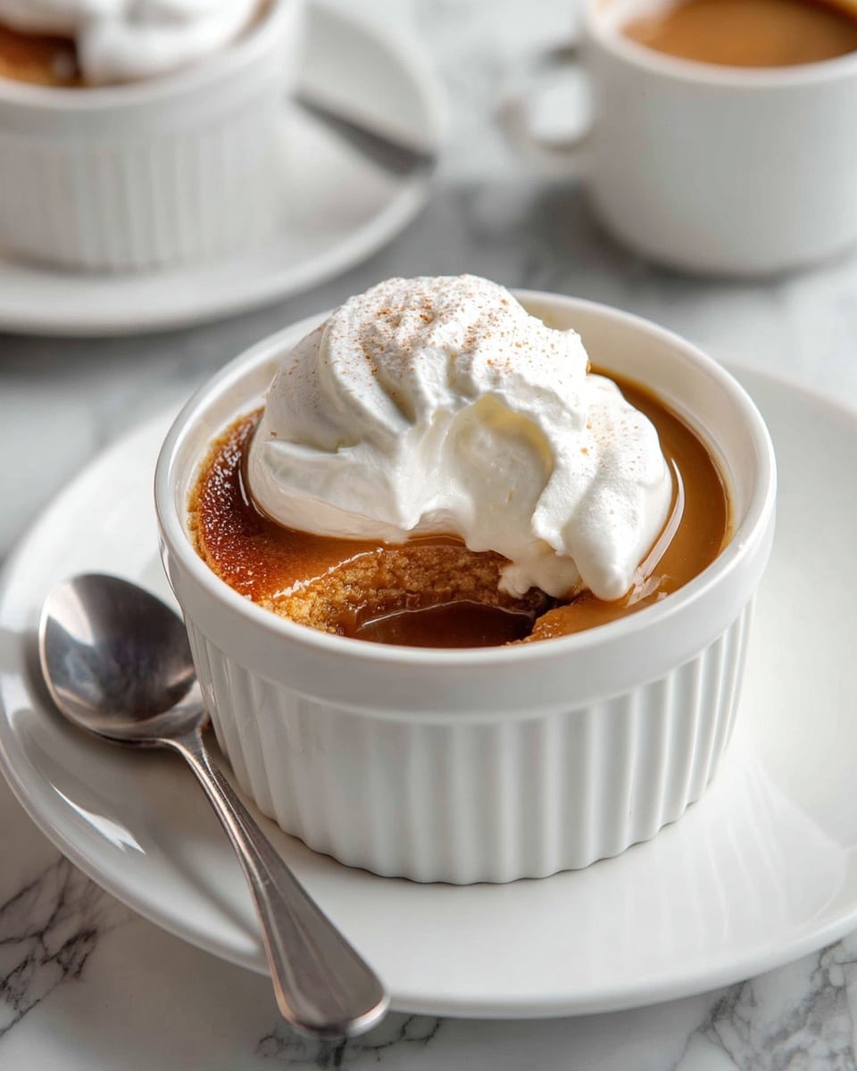 A white ribbed ramekin filled with two layers: a smooth, shiny, light brown pudding at the bottom and a dollop of fluffy white whipped cream on top, with a spoon partially dipped into the pudding. The ramekin sits on a white plate placed on a white marbled surface. In the background, a blurred white cup with a warm brown drink is visible. The lighting is soft, highlighting the creamy texture of the pudding and the airy whipped cream. photo taken with an iphone --ar 4:5 --v 7