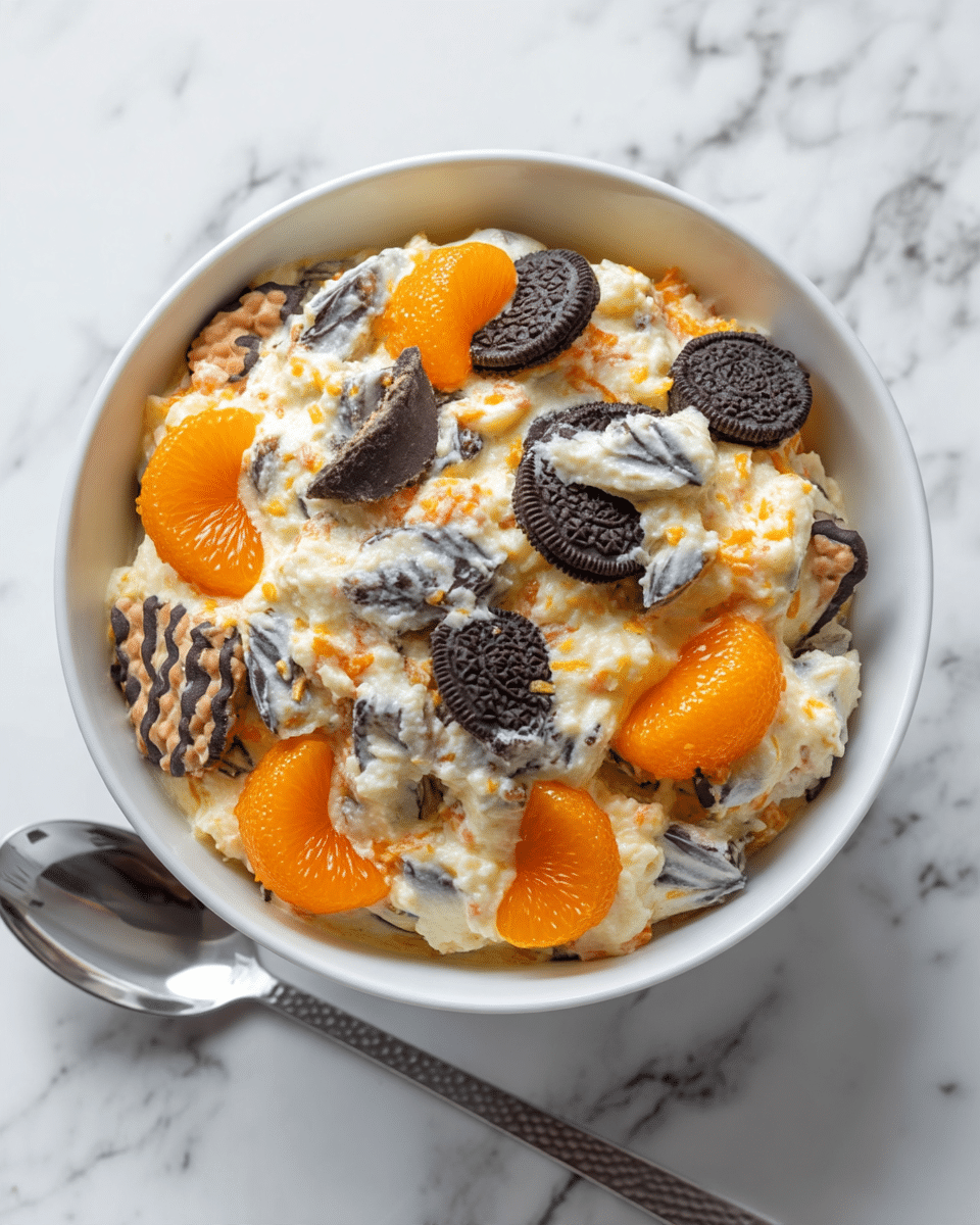 The image shows a bowl filled with a creamy, textured dessert that has three main layers mixed together: a white creamy base with small chunks mixed inside, bright orange mandarin slices evenly distributed on top and throughout the dish, and broken pieces of round cookies coated with dark chocolate stripes scattered on the surface and within the cream. The bowl is white and sits on a white marbled texture surface with a silver spoon next to it. photo taken with an iphone --ar 4:5 --v 7