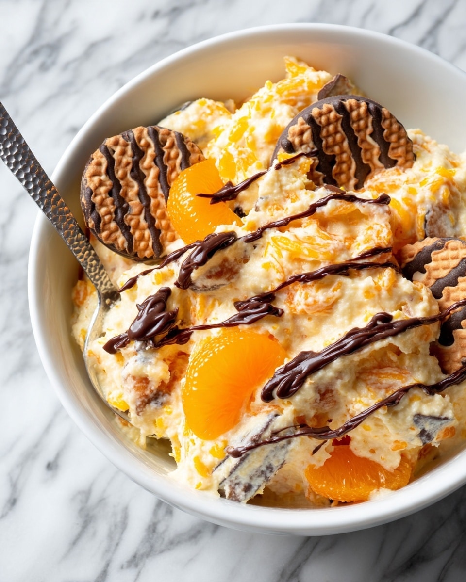 A close-up of a bowl filled with a creamy textured dessert mixed with orange mandarin segments and broken pieces of round cookies with chocolate drizzle. The dessert has a soft, light yellow creamy base with visible small bits of orange citrus mixed throughout. Cookie pieces with waffles texture and dark brown chocolate stripes are scattered on top and inside the dessert. The orange mandarin segments are bright, shiny, and placed on the surface, adding vivid color contrast. The dessert is served in a white bowl, placed on a white marbled surface with a textured metal spoon resting on the side inside the bowl. photo taken with an iphone --ar 4:5 --v 7