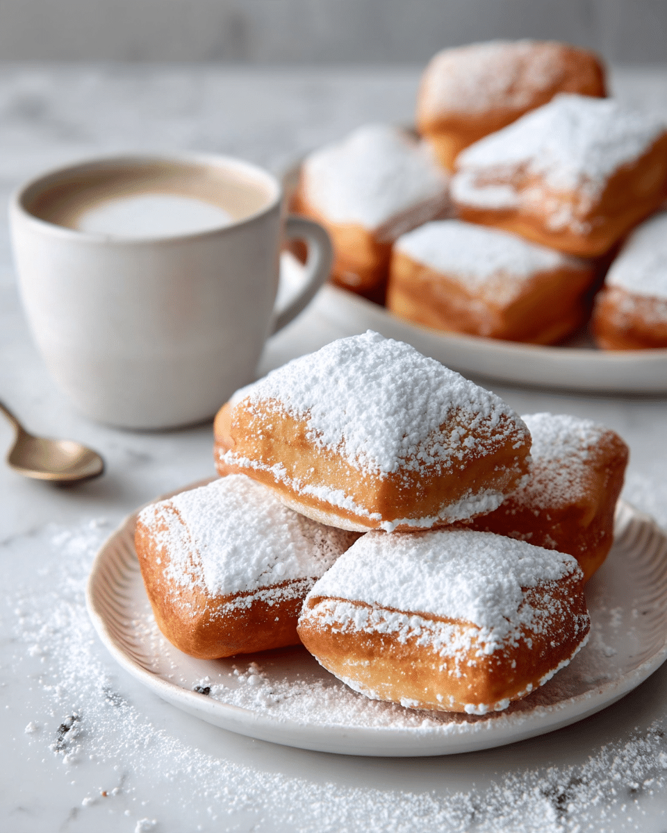 A white plate on a white marbled texture surface holds a pile of golden brown, square-shaped beignets covered with a thick layer of white powdered sugar. The beignets have a soft, puffy texture with slightly crispy edges, stacked in two uneven layers. Behind this plate, there is another white plate with more beignets blurred in the background. To the left of the front plate, a white cup filled with creamy coffee topped with frothy milk is visible, next to a small vintage brass spoon resting on the surface. photo taken with an iphone --ar 4:5 --v 7