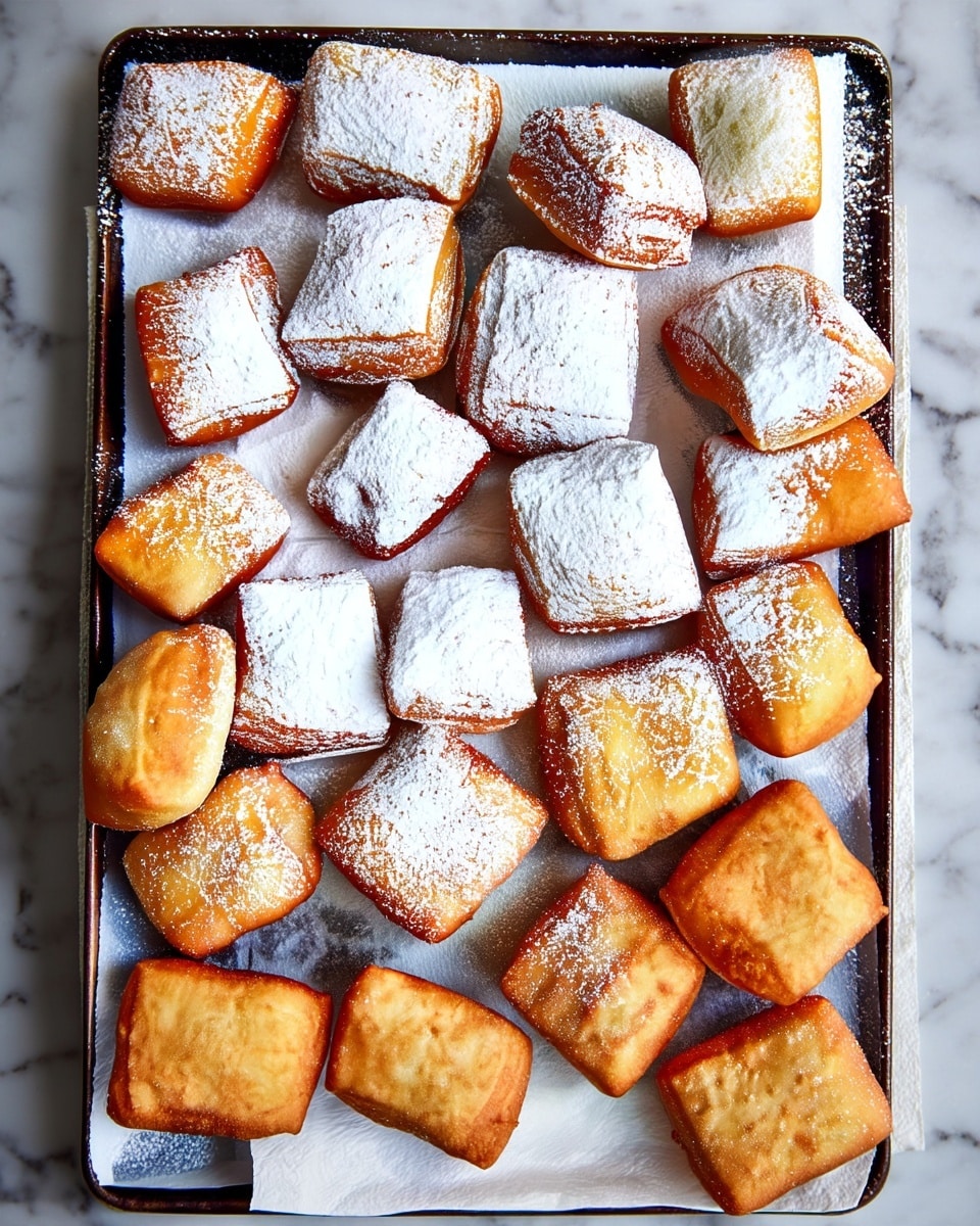 A baking tray filled with about 25 golden-brown square and rectangular beignets topped with a thick layer of white powdered sugar, giving them a soft, powdery texture. The beignets have a light, fluffy surface with some showing puffed, slightly rounded edges. The powdered sugar is spread unevenly, creating a contrast between the golden dough and the white snow-like topping. The tray is lined with white paper, and the background shows a white marbled surface visible at the tray edges. photo taken with an iphone --ar 4:5 --v 7