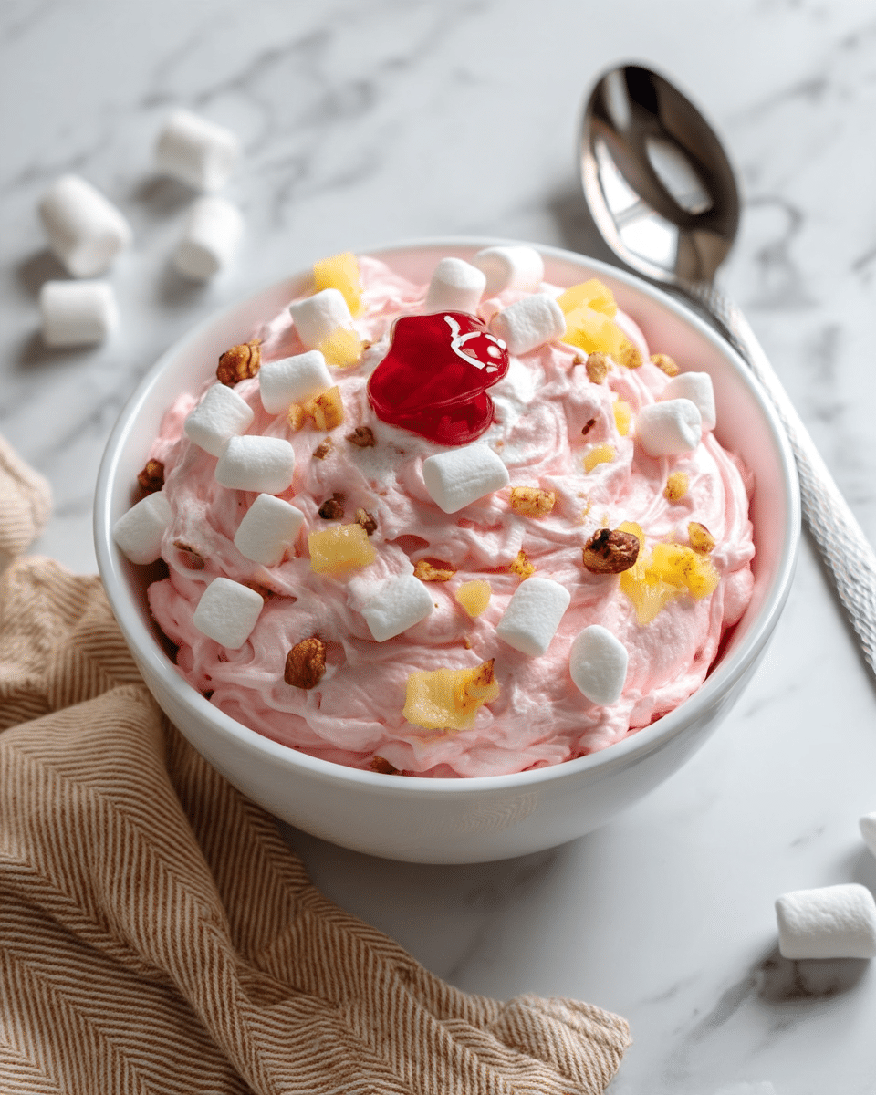 A white bowl filled with a fluffy pink creamy dessert topped with small white marshmallows, light yellow pineapple pieces, and small brown nut pieces. In the center, there is a bright red dollop of cherry topping. A silver spoon rests on the right side inside the bowl. Around the bowl, on a white marbled surface, there are small white marshmallows and nut pieces scattered, with two small white bowls nearby containing red cherries and yellow pineapple chunks. Photo taken with an iphone --ar 4:5 --v 7