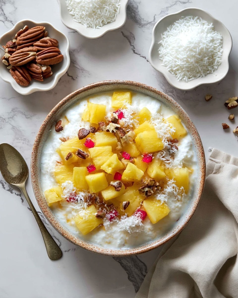A creamy dessert is served in a round bowl with a speckled light brown rim, filled mostly with white soft dollops forming the base layer. On top are chunks of yellow pineapple and small pieces of red fruit scattered in the center, along with crushed pecans adding texture and a toasted brown color. Around the dessert bowl are small white bowls, one with pineapple wedges, another with white coconut shreds, and one with more crushed pecans, all placed on a white marbled surface. A tarnished silver spoon and a beige cloth napkin lie nearby. Photo taken with an iphone --ar 4:5 --v 7