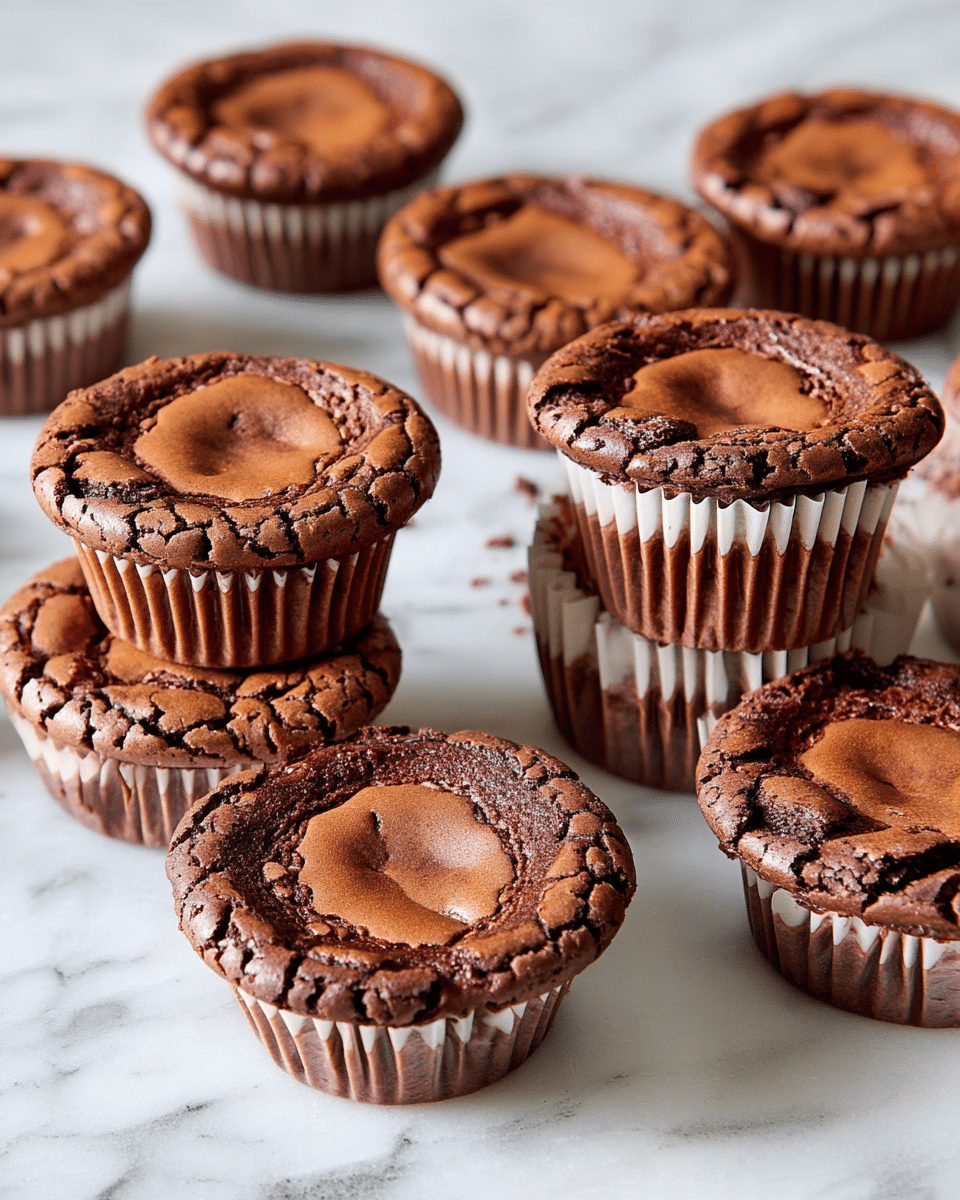 A group of nine chocolate brownies baked in cupcake form sits scattered and stacked on a white marbled surface. Each cupcake has one layer of deep brown, cracked chocolate top with a slightly sunken center that is smoother and lighter brown. The sides show the cupcake liners with white crinkled paper and the lower part of the brownie inside visible, with rich dark brown color and a dense texture. Some cupcakes lay flat, while others rest on their sides, showing the contrast between the smooth tops and the ridged paper liners. Photo taken with an iphone --ar 4:5 --v 7