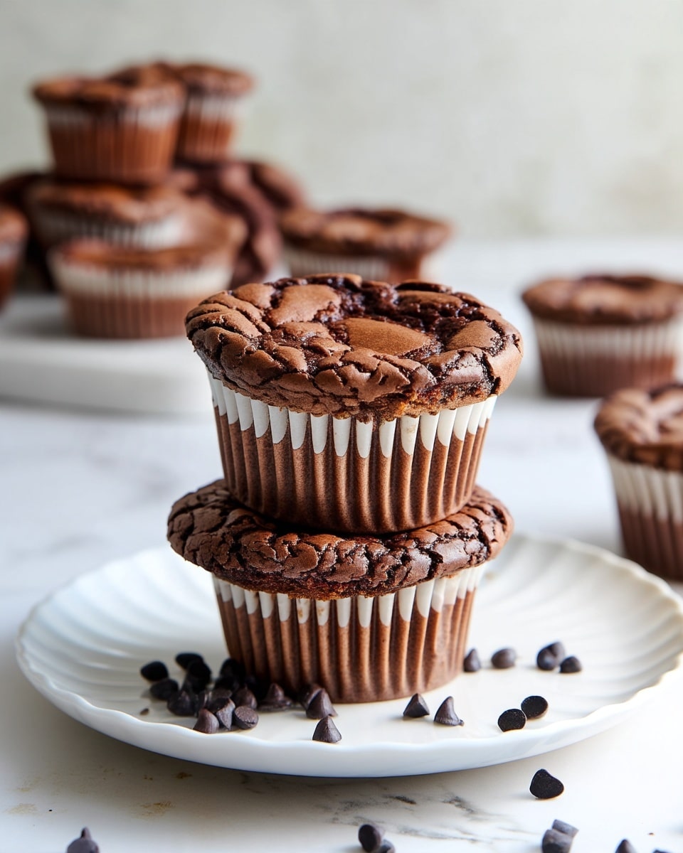 A stack of three chocolate muffins with cracked tops showing their soft texture is placed on a white plate with a slightly scalloped edge. The muffin liners are white with a brown base, complementing the dark chocolate color of the muffins. Dark chocolate chips are scattered around the base of the plate, adding small, shiny black details. In the softly blurred background, more chocolate muffins are visible on a white marbled surface. The scene is lit with soft, natural light that highlights the muffins' rich, warm brown color and textured tops. photo taken with an iphone --ar 4:5 --v 7