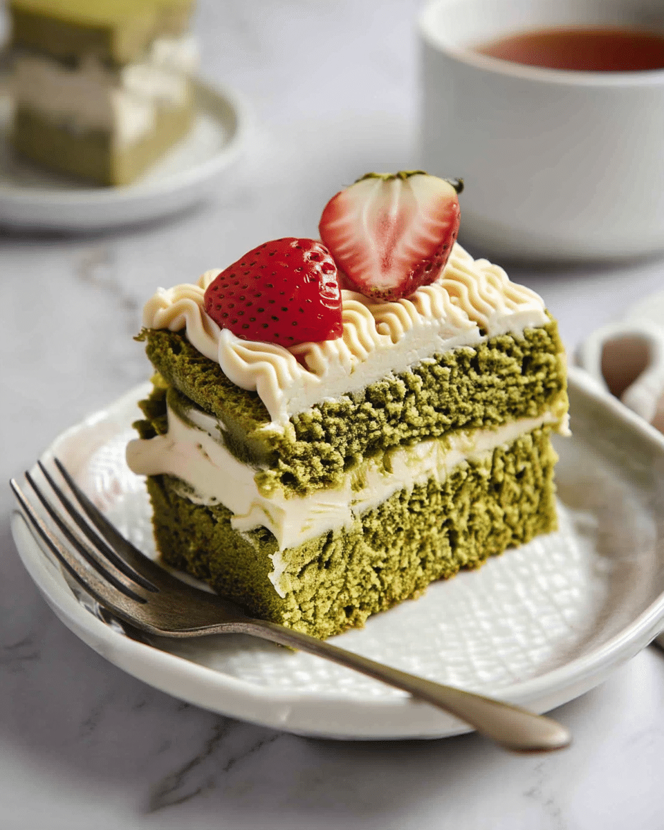 A square slice of green sponge cake on a white plate with textured edges shows two thick layers of green cake separated by a smooth, pale cream filling. The top is decorated with wavy lines of the same pale cream and topped with two strawberry halves, one facing down and the other showing its inside. A silver fork rests on the plate beside the cake. The background features a white marbled texture and a blurred white plate with more cake in the back and a small cup on the right side. photo taken with an iphone --ar 4:5 --v 7