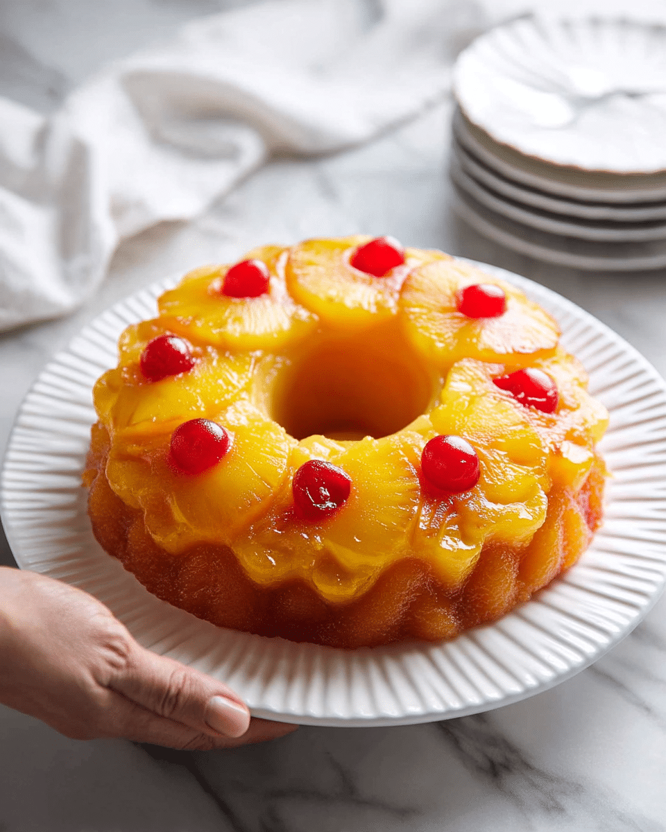 A round pineapple upside-down cake with a bright yellow color and a glossy, syrupy texture sits on a white plate with ridged edges. The cake has a ring shape with a hole in the center and is topped with evenly spaced, circular pineapple slices. Each pineapple slice holds a bright red cherry in the middle, creating a vivid contrast. The edges of the cake have a scalloped look from the pineapple slices, and the cake looks moist and shiny. A woman's hand is holding the plate from the right side, and the setting is on a white marbled surface with a folded white cloth nearby and stacked white plates in the background. photo taken with an iphone --ar 4:5 --v 7