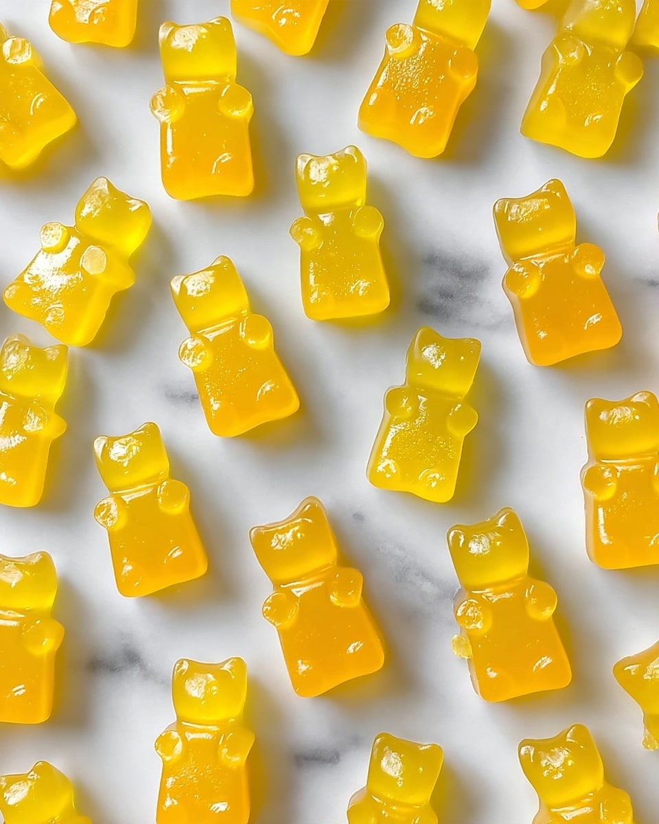 Small yellow gummy bears are scattered evenly across a white marbled surface, each candy showing a shiny and slightly translucent texture with small details like ears and arms visible; the bears are all roughly the same size and shape, creating a playful and bright pattern with light reflections enhancing their glossy appearance. photo taken with an iphone --ar 4:5 --v 7
