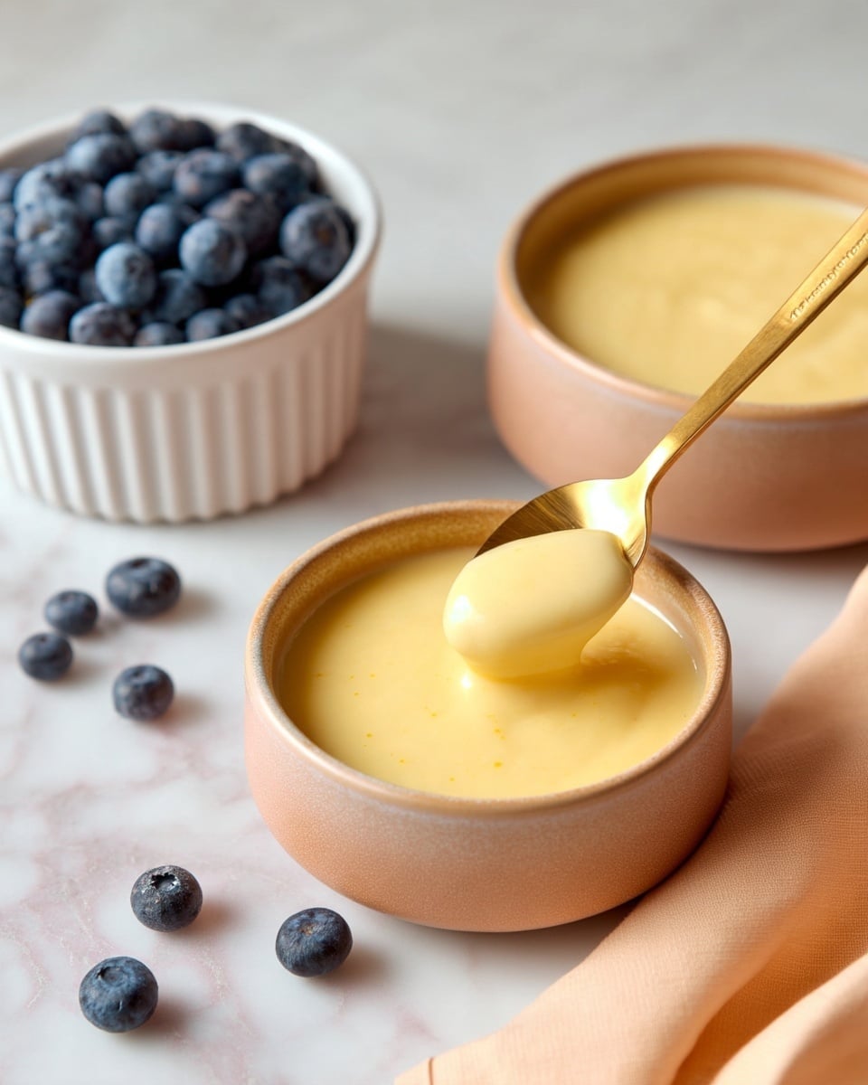 A close-up view of a single-layer smooth, creamy pale yellow custard in a light brown ceramic bowl with a soft matte texture, with a golden spoon scooping the custard from the center. Nearby, a small white ramekin holds the same custard, while a small white bowl filled with fresh blueberries sits slightly behind on a white marbled surface. A peach-colored cloth napkin is partially visible on the lower right side. The scene is softly lit, highlighting the glossy texture of the custard, photo taken with an iphone --ar 4:5 --v 7