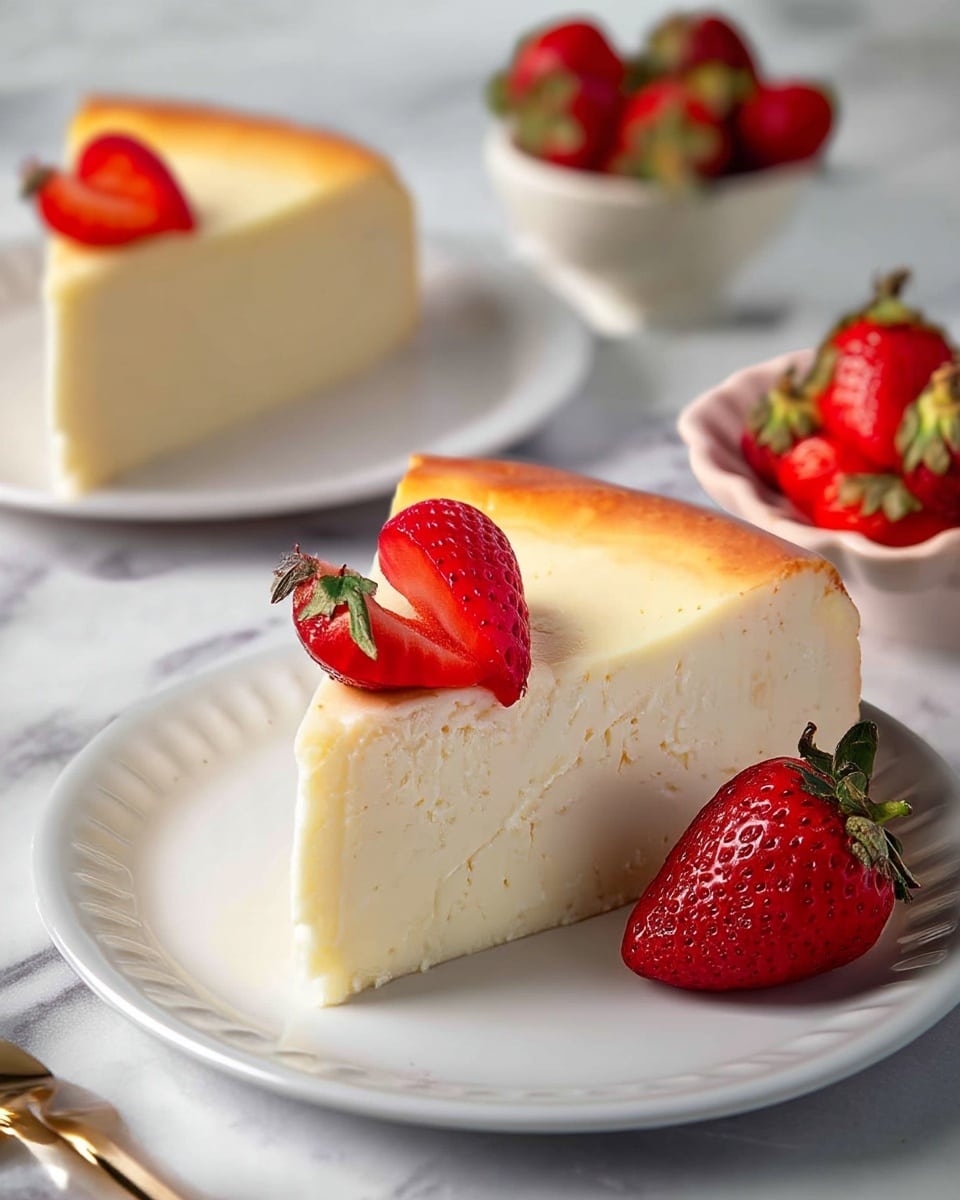 A thick slice of creamy light yellow cheesecake with a smooth texture and a golden brown top sits on a white plate, topped with two halves of bright red strawberries with green leaves. In the background, a whole cheesecake with a slightly darker golden top is cut into slices on a white fluted plate, with some strawberry halves placed on top. Another slice of cheesecake with a red strawberry sits on a white plate, accompanied by a silver fork. Small white dishes hold fresh ripe strawberries scattered on a white marbled surface. Photo taken with an iphone --ar 4:5 --v 7
