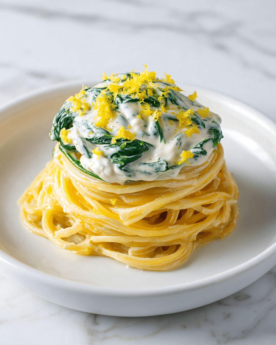 A white round plate holds a nest of creamy spaghetti pasta with two main layers. The bottom layer is shiny, light yellow spaghetti noodles twisted into a mound. The top layer is a thick, white creamy sauce with green spinach leaves mixed in, spread unevenly over the pasta. Bright yellow lemon zest is sprinkled on top, adding small pops of color. The plate sits on a white marbled surface. photo taken with an iphone --ar 4:5 --v 7