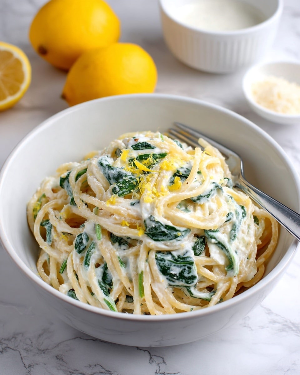 A white bowl filled with creamy spaghetti is centered on a white marbled surface. The spaghetti is coated in a thick, white sauce mixed with visible green spinach leaves and small yellow lemon zest pieces sprinkled on top. A silver fork rests on the right side of the bowl, partly buried in the pasta. In the background to the left, two bright yellow lemons add a fresh contrast, while a white bowl with extra sauce is slightly visible in the upper right corner. A small portion of grated cheese in a white bowl is seen in the bottom right corner. photo taken with an iphone --ar 4:5 --v 7