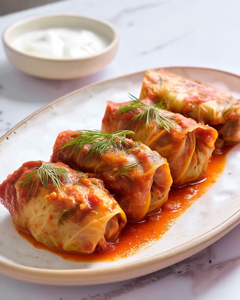 The image shows four stuffed cabbage rolls placed in a neat row on a white oval plate with a beige rim. Each roll is covered with a glossy, orange-red tomato sauce that gives a slightly textured and moist look to the cabbage leaves wrapping the filling. Small green dill herb pieces are sprinkled evenly over the rolls, adding a touch of contrast to the warm reddish color. The plate sits on a white marbled surface, and in the background, there is a white bowl filled with a white creamy sauce, slightly out of focus. photo taken with an iphone --ar 4:5 --v 7