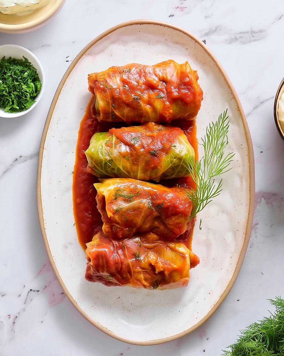 Four stuffed cabbage rolls tightly wrapped in golden-green cabbage leaves, covered with a thick, glossy red tomato sauce, arranged in a single line on an oval white plate with a thin brown rim. The cabbage rolls have a slightly wrinkled texture with small green dill pieces sprinkled on top and a fresh dill sprig placed near the top right roll. The plate is set against a white marbled surface with a small white bowl of chopped dill and a white bowl of cream partly visible in the background. Photo taken with an iphone --ar 4:5 --v 7