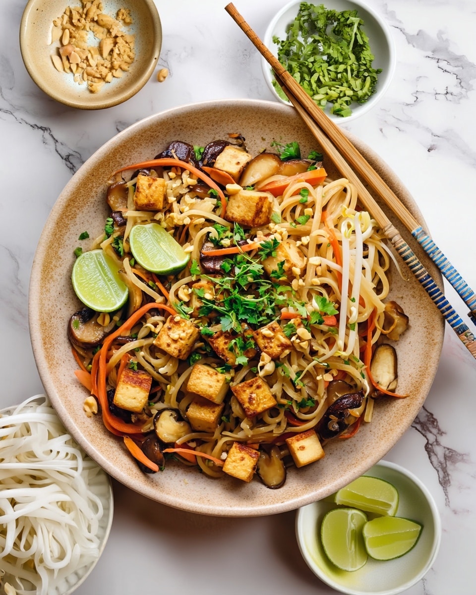 A bowl of stir-fried noodles is filled with light tan noodles as the base layer mixed with thin, orange carrot strips and white bean sprouts. Small cubes of golden brown tofu and dark brown mushroom slices sit on top, along with bright green chopped herbs scattered over everything. Two lime wedges with a fresh green color rest on the left side of the bowl. The bowl itself is light tan and sits on a white marbled surface, surrounded by small white bowls with chopped green herbs, lime wedges, and crushed peanuts. A pair of wooden chopsticks with blue bands lies diagonally across the top right edge of the bowl. photo taken with an iphone --ar 4:5 --v 7