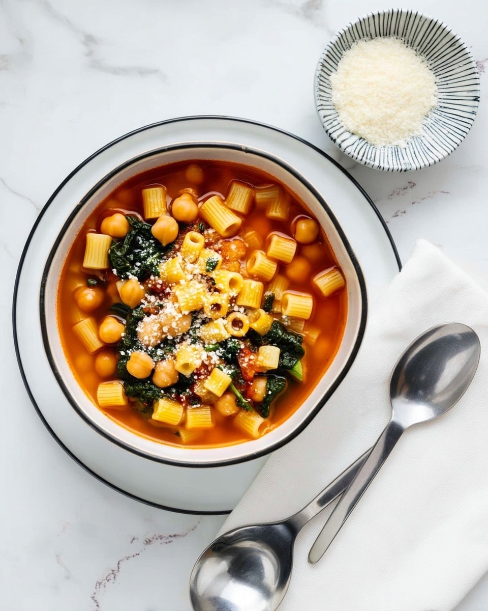 A white bowl with a black rim is filled with a warm pasta soup, showing three layers: a clear orange broth at the bottom, small yellow tube-shaped pasta and round chickpeas on top, mixed with dark green leafy vegetables scattered throughout. The dish is lightly sprinkled with grated white cheese that melts into the ingredients. Next to the bowl, there is a white cloth napkin and a silver spoon on a white marbled surface. Above the bowl, a small gray striped bowl filled with grated cheese is partially visible. photo taken with an iphone --ar 4:5 --v 7