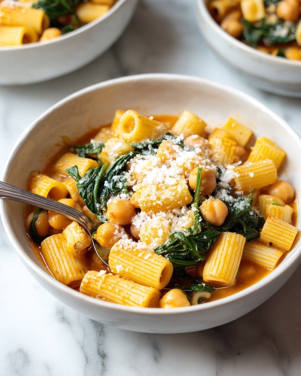 A close-up view of a white bowl filled with a pasta dish consisting of small, tube-shaped rigatoni pasta, light beige chickpeas, and dark green spinach leaves, all mixed in a light orange broth. The pasta has a ridged texture, and some grated cheese is sprinkled on top, adding a slightly crumbly white layer. Inside the bowl, a silver fork rests with a few pieces of pasta and spinach on it. The bowl sits on a white marbled surface, with parts of other bowls blurred in the background. photo taken with an iphone --ar 4:5 --v 7