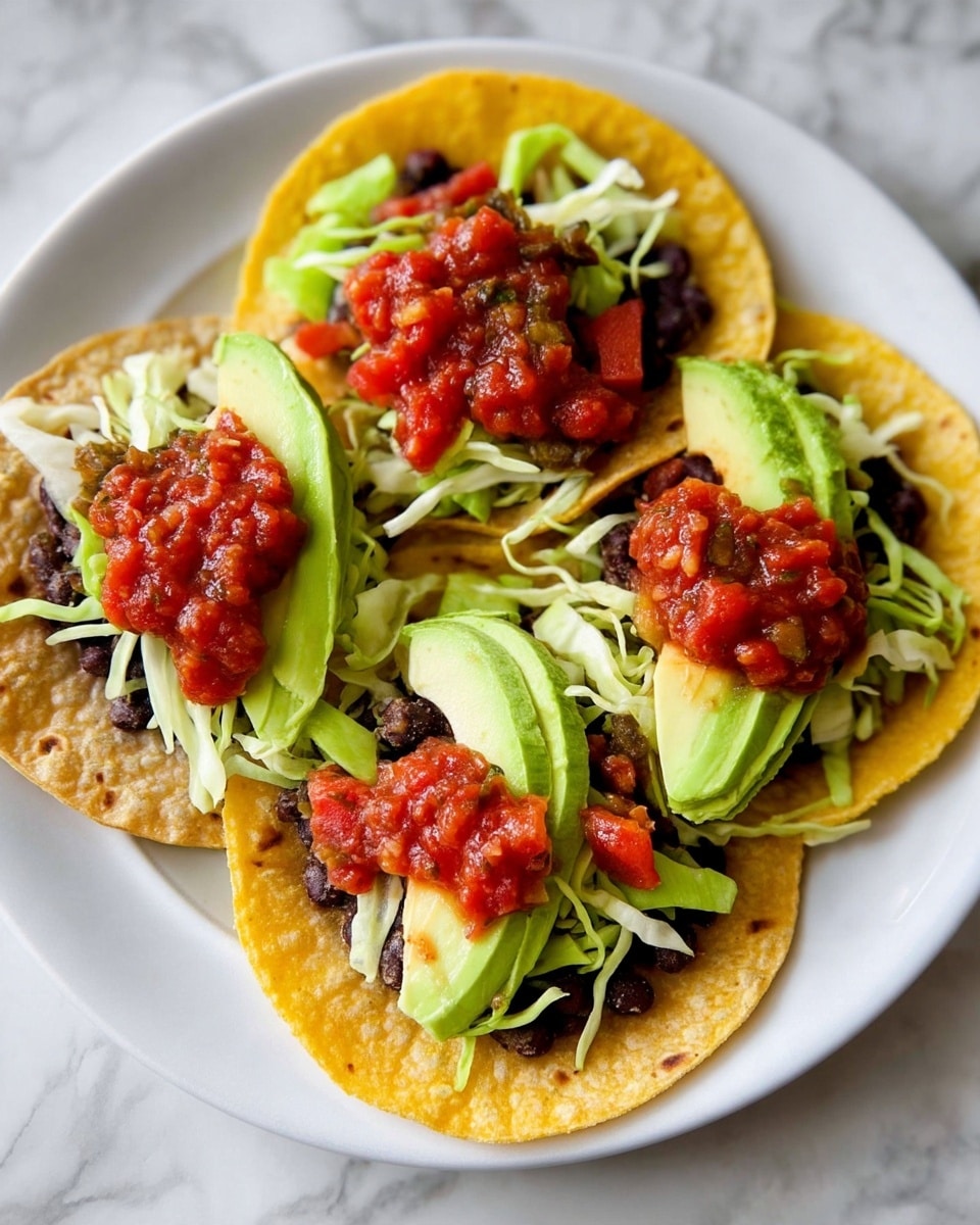 Three small tacos are placed on a white plate sitting on a white marbled surface. Each taco has one crispy yellow corn tortilla as the base layer. On top of the tortillas, there is a layer of black beans, followed by shredded light green cabbage. Next is a layer of chunky red tomato salsa, and the top layer is thick slices of light green avocado, slightly curved to fit the taco shape. The tacos are arranged close together in the center of the plate. Photo taken with an iphone --ar 4:5 --v 7