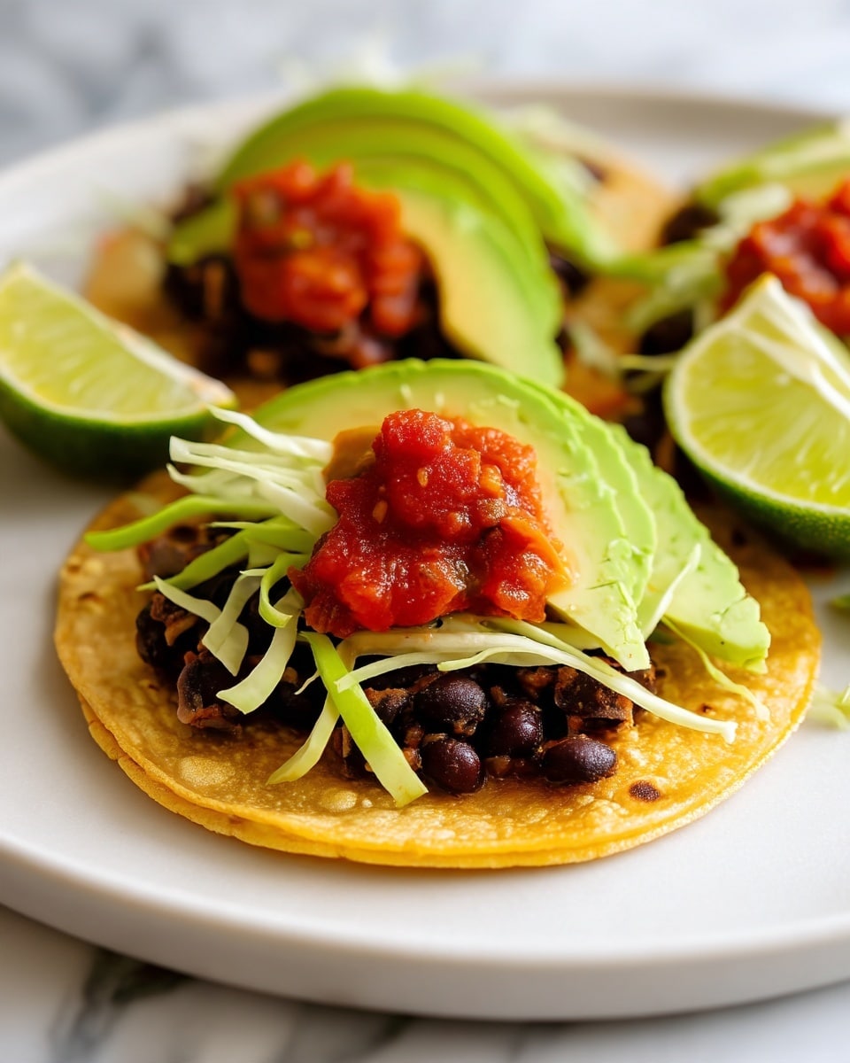 A close-up of a taco on a white plate shows four layers: the bottom layer is a light yellow corn tortilla with a slightly toasted texture, followed by a dark mix of cooked black beans and small browned pieces; next is a light green layer of thinly sliced cabbage, topped with a small dollop of chunky red salsa; the top layer has three thick, smooth slices of bright green avocado placed curved on one side. Next to the taco is a fresh lime wedge with a vibrant green peel and pale juicy inside, all set on a white marbled background. Photo taken with an iphone --ar 4:5 --v 7