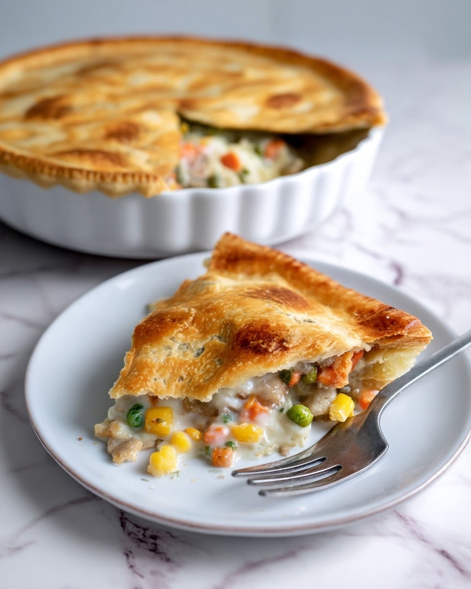 A white plate on a white marbled surface holds one slice of a golden-brown top crusted pie. The pie slice reveals a creamy filling with a mix of small, colorful pieces of vegetables, including orange carrots, yellow corn, green peas, and light brown chunks that look like meat. Behind it, a white pie dish shows the rest of the pie with a similar golden-brown crust, slightly crimped at the edge, and a missing slice revealing the creamy mixed vegetable and meat filling inside. A fork is resting on the plate near the slice. Photo taken with an iphone --ar 4:5 --v 7