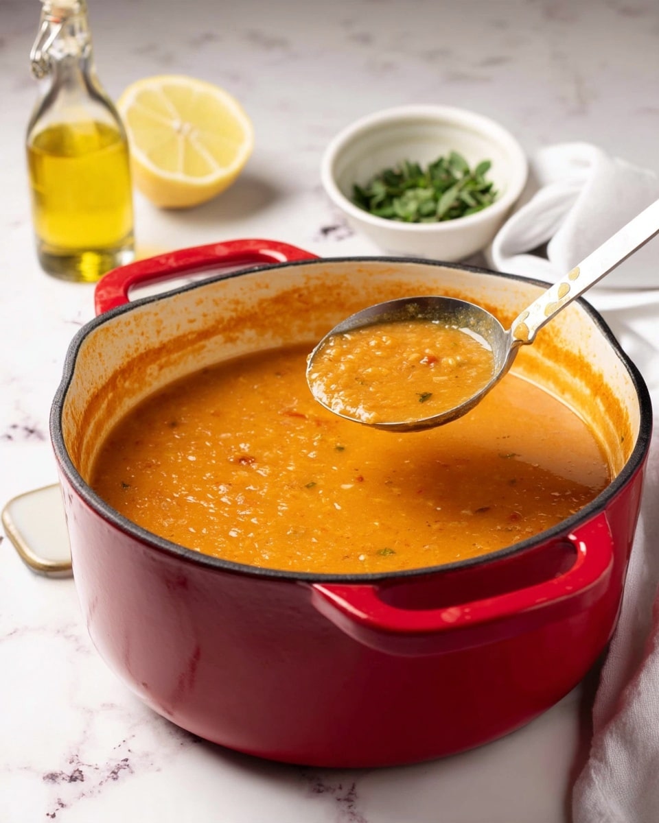 A red cast iron pot filled with a thick, orange creamy soup that has a slightly chunky texture, with a metal ladle scooping some soup from the pot. The pot sits on a white marbled surface. To the left of the pot is a halved lemon showing its yellow inside, and above the pot is a small clear glass bottle of oil with a handle. A white cloth is to the right side, partly visible, and a white bowl filled with fresh green herbs is at the top edge of the image. photo taken with an iphone --ar 4:5 --v 7