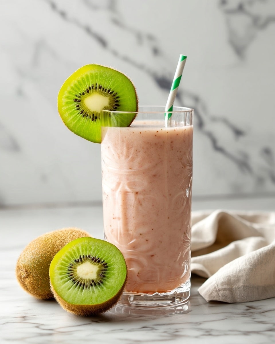 A tall clear textured glass filled with a thick light pink smoothie stands on a small round white marble coaster, with a green and white striped paper straw placed inside. A fresh green kiwi slice with visible seeds is slipped on the rim of the glass. Two whole kiwis, one cut in half showing its bright green flesh and black seeds, sit nearby on a white marbled surface. A light cream cloth is casually placed to the right side. The background is a soft white marble texture. photo taken with an iphone --ar 4:5 --v 7