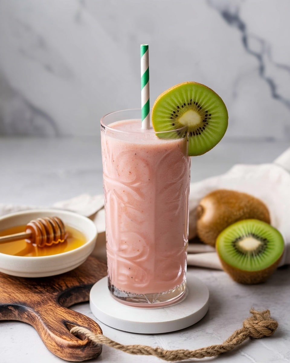 A tall clear glass stands on a round white coaster, filled with a smooth, thick pink smoothie that nearly reaches the top. A green and white striped paper straw sticks out from the middle of the smoothie, and a fresh, bright green kiwi slice with its brown fuzzy skin is placed on the rim of the glass. The background shows a white marbled surface with a light, creamy-colored cloth casually draped behind the glass. To the left, a small white bowl filled with golden honey sits on a wooden board with a honey dipper resting inside, while two whole kiwis and one halved kiwi with vibrant green flesh and black seeds appear slightly blurred in the background. The overall look is fresh and inviting. photo taken with an iphone --ar 4:5 --v 7