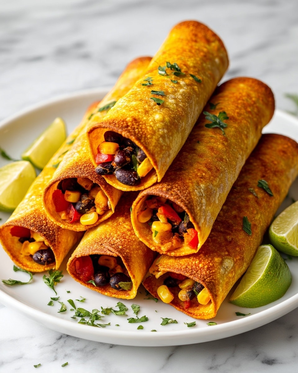 Six rolled tacos stacked on a white plate, each taco with a golden, crispy outer shell. Inside, vibrant fillings of black beans, yellow corn kernels, red bell peppers, and some green herbs are visible at the open ends, adding a mix of dark, bright yellow, red, and green colors. A green lime wedge sits on the side of the plate, which rests on a white marbled surface with a few scattered green cilantro leaves around. photo taken with an iphone --ar 4:5 --v 7