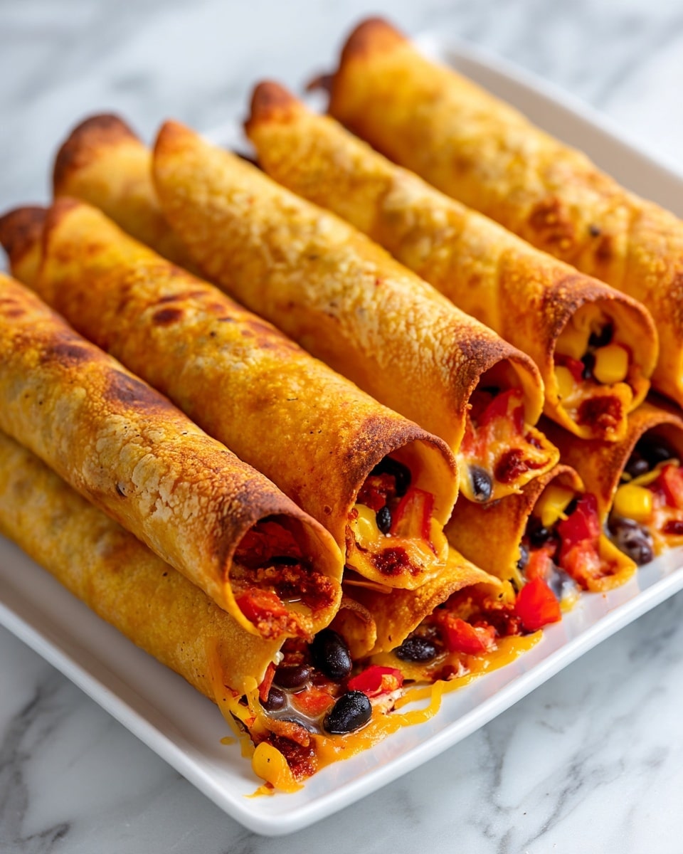 A white rectangular dish holds six rolled tacos placed neatly in a row, each with a golden-brown crispy tortilla shell showing slight charring on the edges. The tacos are filled with melted orange-yellow cheese, visible black beans, bright red diced tomatoes, and small pieces of yellow corn, with some filling spilling out slightly from the open ends. The dish is set on a white marbled surface, highlighting the warm colors of the dish. photo taken with an iphone --ar 4:5 --v 7