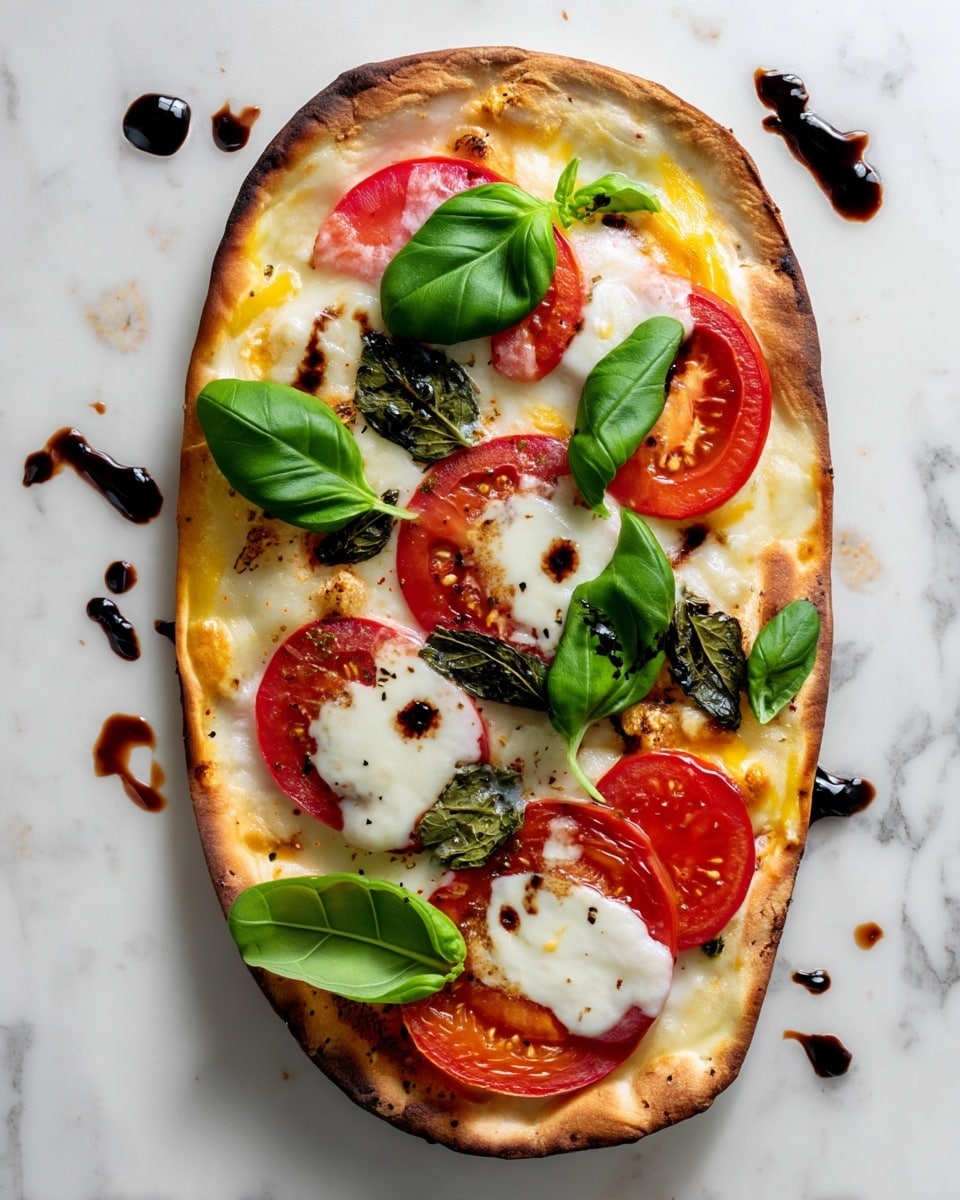 A close-up view of an oval-shaped pizza with a golden-brown, slightly charred crust, topped with a creamy white melted cheese base. There are six large slices of fresh red tomatoes spread evenly across the pizza surface, partially covered by smooth, melted white mozzarella cheese. Bright green basil leaves are scattered on top, along with some darker, slightly wilted basil pieces. Small droplets of dark balsamic glaze and a sprinkle of black pepper and herbs add more texture and color contrast. The pizza is placed directly on a white marbled textured background. photo taken with an iphone --ar 4:5 --v 7