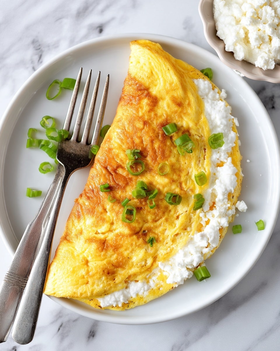 A folded omelette rests on a white speckled plate, showing a golden-brown cooked top layer with a soft yellow underside. The omelette's inside is filled with white, creamy cottage cheese that peeks out from the right side. Bright green chopped scallions are scattered on top and inside the filling, adding fresh color contrast. A fork and knife lie on the left side of the plate on a white marbled surface. In the top right corner, a white bowl holds more cottage cheese. photo taken with an iphone --ar 4:5 --v 7