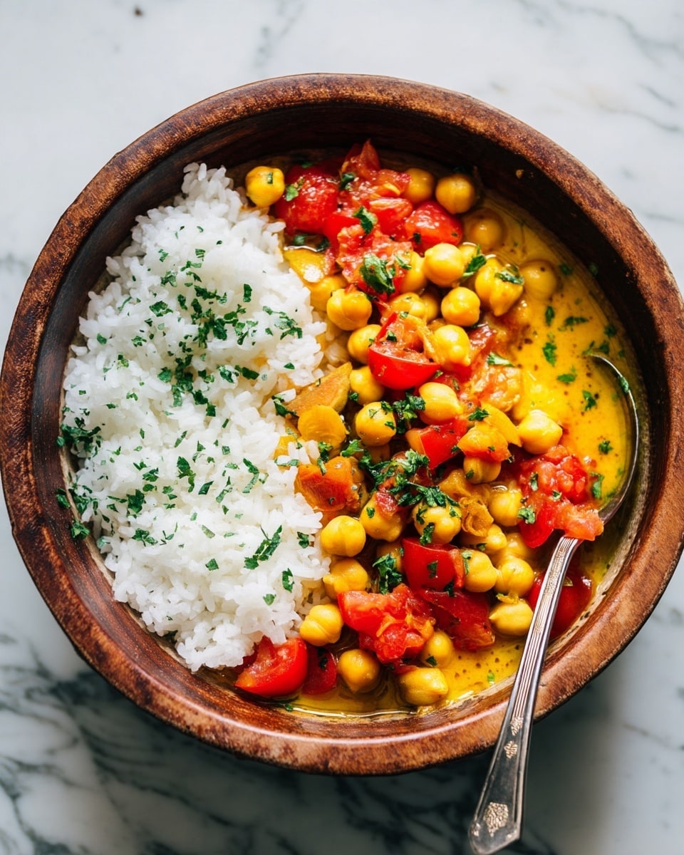 A shallow round ceramic bowl with a brown speckled edge holds two main layers inside: on the right, a soft layer of white rice with a fluffy texture, and on the left, a thick chickpea curry with pieces of orange carrot and green herb bits mixed throughout. The curry has a rich yellow-orange color with a slightly glossy surface. The bowl sits on a light gray cloth next to a silver spoon, all placed on a white marbled surface. Photo taken with an iphone --ar 4:5 --v 7