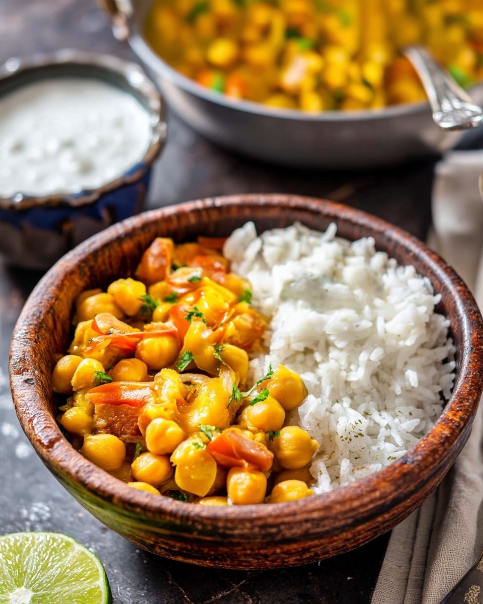 A brown bowl filled with two layers: on the right side, fluffy white rice with a soft, slightly shiny texture, and on the left side, creamy vegan chickpea curry showing plump, yellow chickpeas mixed with small pieces of orange vegetables, garnished with tiny green herbs. The bowl sits on a dark surface, with a metal pan of more chickpea curry blurred in the background and a silver spoon and white cloth nearby. A sliced lime is visible in the lower left corner on the dark surface. photo taken with an iphone --ar 4:5 --v 7