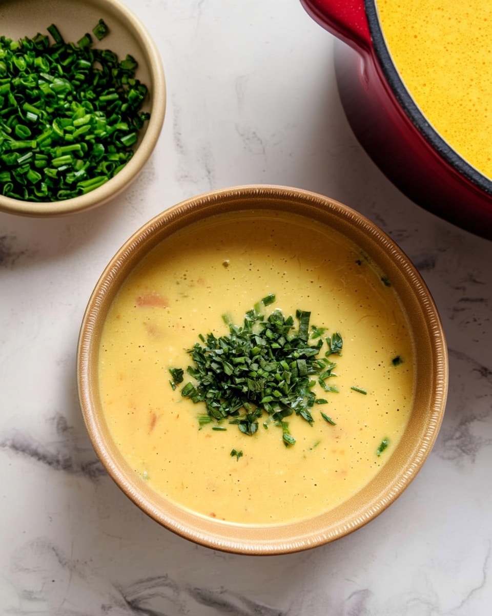 A beige bowl filled with a creamy light yellow soup that has small bits of orange and green inside, topped with a small pile of bright green chopped chives in the center. To the left of the bowl, there is a smaller white bowl filled with more chopped green chives. Part of a red pan with the same light yellow soup is visible on the right side of the image. All these are placed on a white marbled surface. photo taken with an iphone --ar 4:5 --v 7