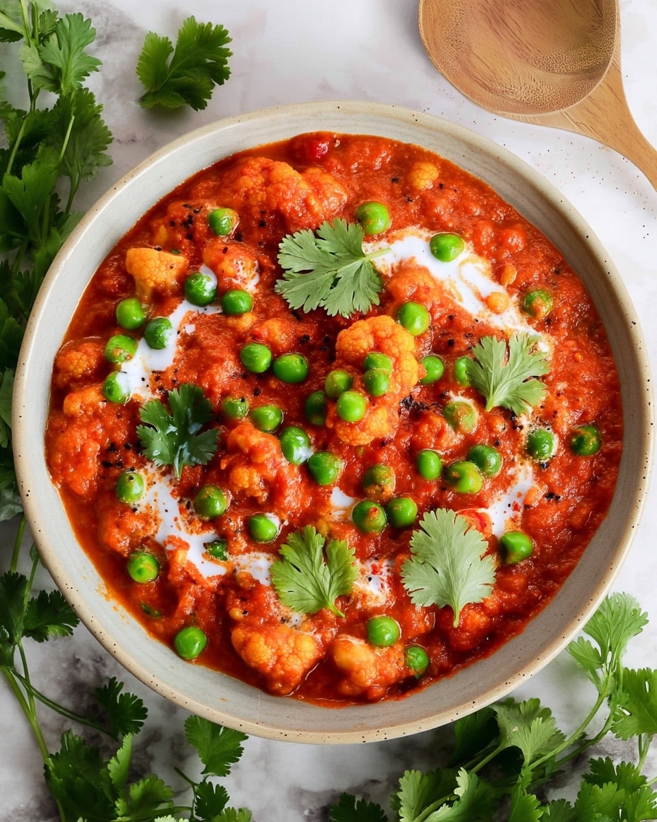 A bowl of thick red tomato curry with visible chunks of orange cauliflower and light beige chickpeas mixed throughout, topped with bright green peas and fresh green cilantro leaves scattered on top. The curry has a touch of white cream swirled into the sauce, adding a soft contrast. The bowl is white and sits on a white marbled surface, with extra cilantro leaves nearby, giving a fresh look. Photo taken with an iphone --ar 4:5 --v 7