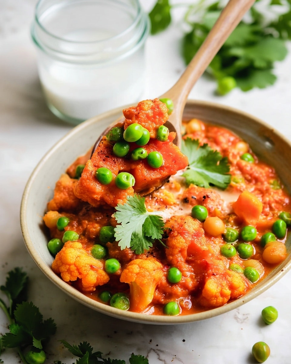 A white bowl filled with a thick, orange-red stew containing several chunks of soft, cooked cauliflower and bright green peas. The surface of the dish is dotted with fresh green cilantro leaves and a swirl of creamy white sauce. A wooden spoon lifts a sizable orange piece from the bowl, topped with one bright green pea. The bowl sits on a white marbled surface with a few scattered peas and cilantro leaves nearby, and a glass jar with white contents blurred in the background. photo taken with an iphone --ar 4:5 --v 7