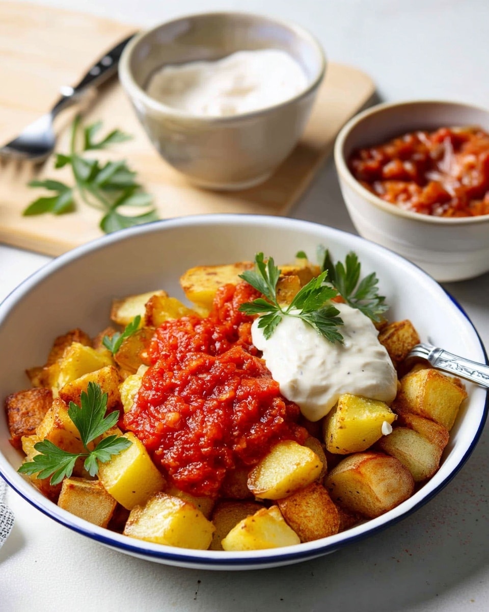 A white bowl with a blue rim holds crispy roasted potato cubes as the bottom layer, golden and slightly browned with a rough texture. On top of the potatoes is a layer of chunky red tomato sauce, thick with visible pieces of tomato. A small dollop of smooth white sauce sits beside the tomato sauce, topped with a few fresh green parsley leaves scattered over the dish and around the bowl. A fork is gently resting in the bowl, and in the background, two white bowls sit on a white marbled surface, one filled with white sauce and the other with more chunky tomato sauce, along with a wooden board and some loose parsley leaves nearby. photo taken with an iphone --ar 4:5 --v 7