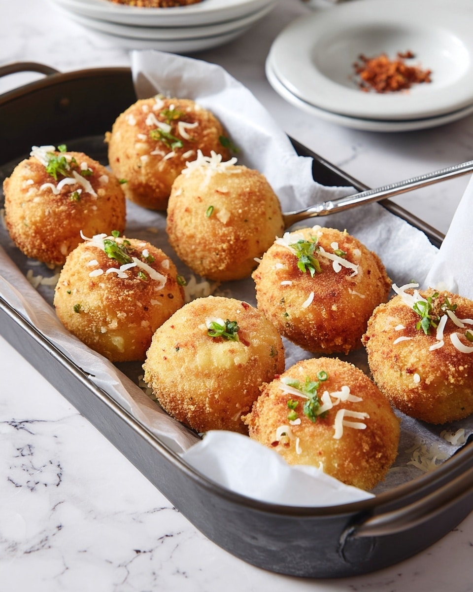 The image shows eight round, golden-brown croquettes with a crispy, textured coating, placed in a dark metal tray lined with white parchment paper. Each croquette is topped with small green herb pieces and thin white cheese shreds. The tray is set on a white marbled surface, and in the background, a small white bowl with reddish crumbs and white plates are partially visible. A thin metal utensil rests between the croquettes. photo taken with an iphone --ar 4:5 --v 7