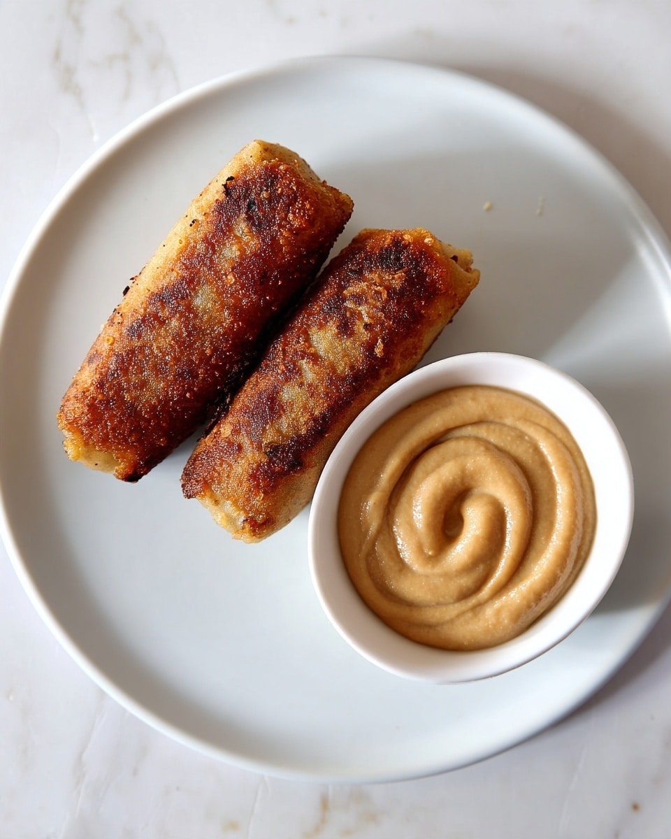 Three fried rolls with a crispy, golden to dark brown outer layer are arranged on a white plate. Each roll has a slightly rough texture with some darker spots from frying. Below the plate, there is a small white bowl filled with a smooth, thick beige sauce swirled in a circular pattern. The setting is on a white marbled surface. photo taken with an iphone --ar 4:5 --v 7