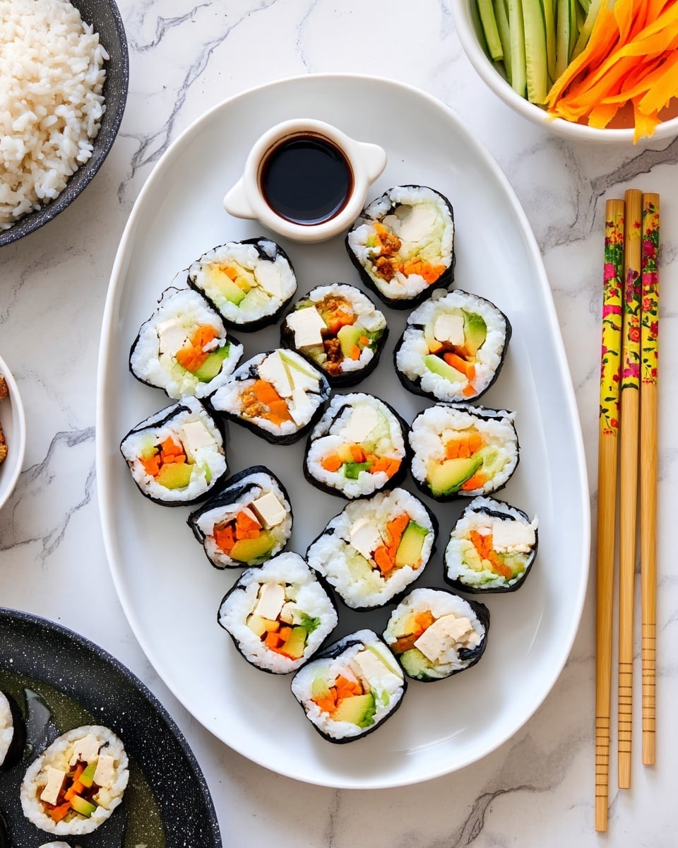 An oval white plate holds twelve sushi rolls arranged closely, each roll wrapped in black seaweed with a thick outer layer of white rice. Inside, there are visible layers of orange carrot sticks, light green cucumber slices, and white tofu chunks, creating a colorful mix. A small white dipping bowl of dark soy sauce sits at the top center of the plate. To the right, three pairs of decorated wooden chopsticks rest on the white marbled surface. The upper right corner shows a white plate piled with thin green cucumber and orange carrot strips, and the bottom left features a smaller white round plate with three more sushi rolls. A speckled black pan with tofu pieces and a bowl with white rice are partially visible on the edges. Photo taken with an iphone --ar 4:5 --v 7