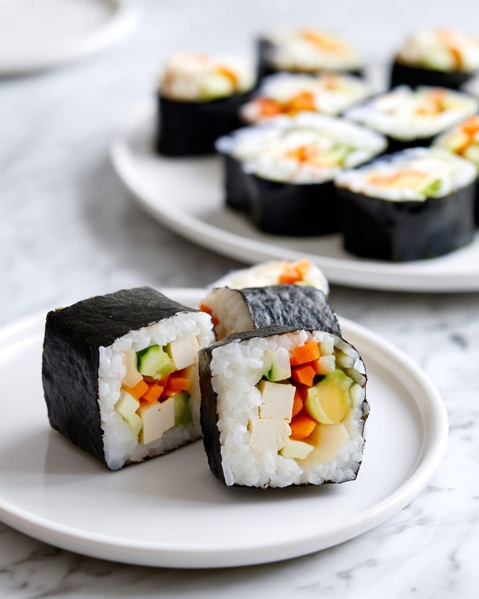 The image shows pieces of sushi rolls on two white plates set on a white marbled surface. Each sushi roll has a black seaweed outer layer wrapping around a thick layer of white rice. Inside, the fillings include several thin, colorful layers: bright orange carrot, pale green cucumber, and light beige tofu or a similar soft ingredient, arranged in small rectangular sections. The sushi pieces display a clean, neat cut with the fillings visible in the center. Photo taken with an iphone --ar 4:5 --v 7