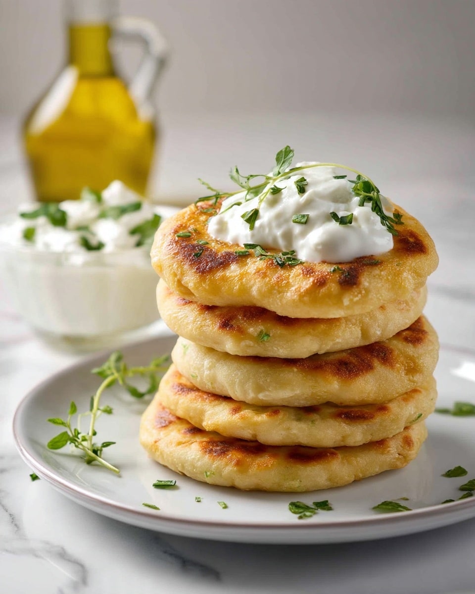 A stack of five golden-brown flatbreads with a slightly crispy texture sits on a white plate, one flatbread resting beside the stack. The top flatbread has a dollop of white sour cream with small green herb pieces sprinkled on top and around the plate. Behind the plate, there is a small glass bowl filled with more sour cream, also garnished with green herbs. In the background, a clear glass bottle with golden olive oil and a pan are slightly blurred, all set on a white marbled surface. Photo taken with an iphone --ar 4:5 --v 7