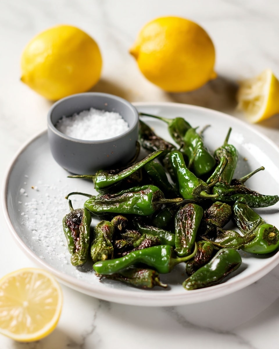 A white plate holds many small roasted green peppers with a shiny, slightly wrinkled texture and some dark char marks, spread loosely across the center and right side. On the left side of the plate, there is a small gray cup filled with coarse white salt. Behind the plate, a halved lemon with a bright yellow rind and pale yellow flesh sits slightly blurred. In the foreground, two lemon halves rest on a white marbled surface, one near the bottom left corner and the other near the bottom right. The entire scene is set on a smooth white marbled textured background, creating a clean and fresh look. Photo taken with an iphone --ar 4:5 --v 7