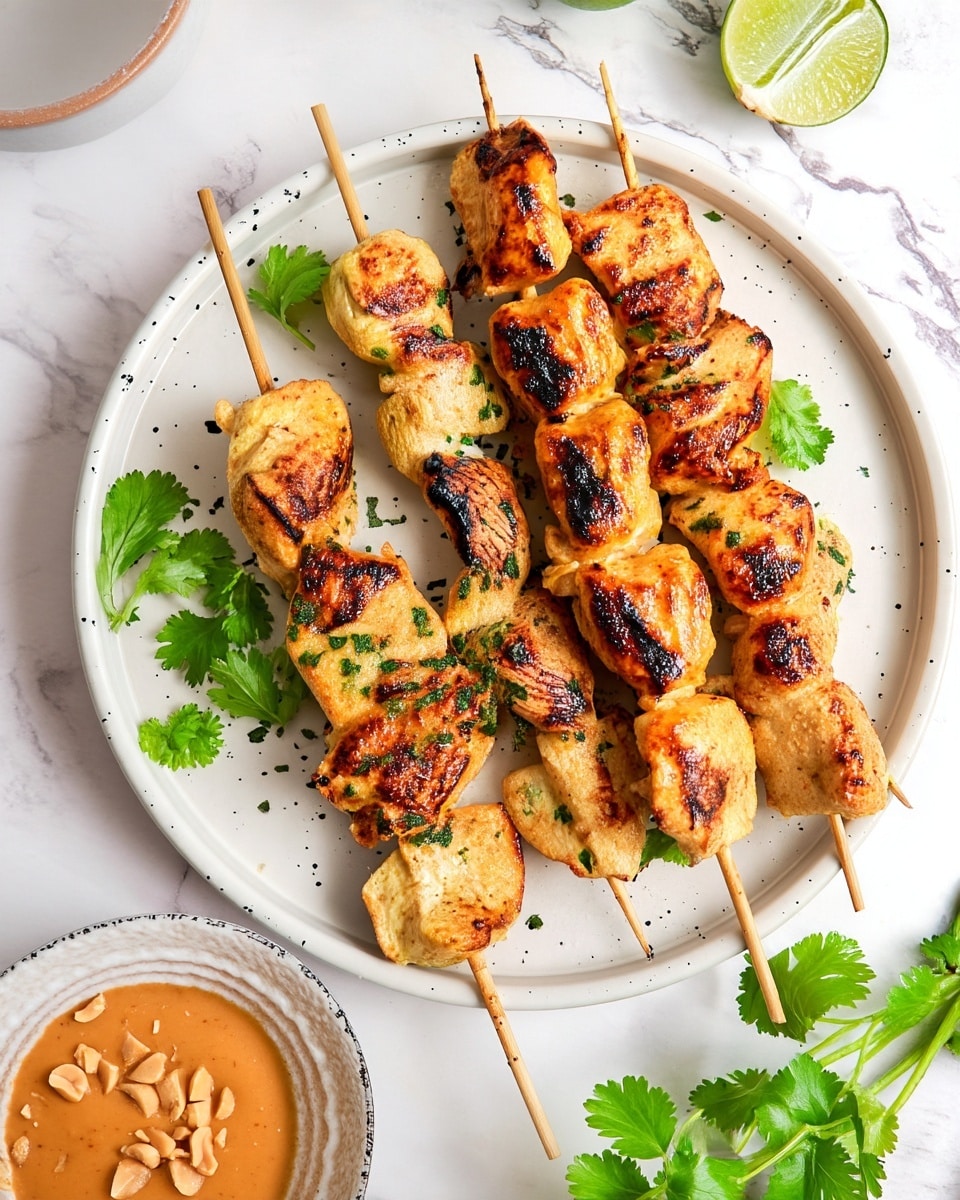 The image shows skewers of grilled chicken pieces with a golden-brown color and some charred spots, garnished with chopped green herbs, placed on a white speckled plate. The chicken looks juicy and is arranged in a slightly overlapping way across the round plate. Some fresh cilantro leaves are scattered on and around the plate for decoration. In the background, there are two halves of a fresh lime with a bright green color, placed on a white marbled texture surface. A bowl partially visible in the corner has a peanut sauce topped with chopped peanuts. The overall scene is bright with natural light and a clean, fresh setting. Photo taken with an iphone --ar 4:5 --v 7