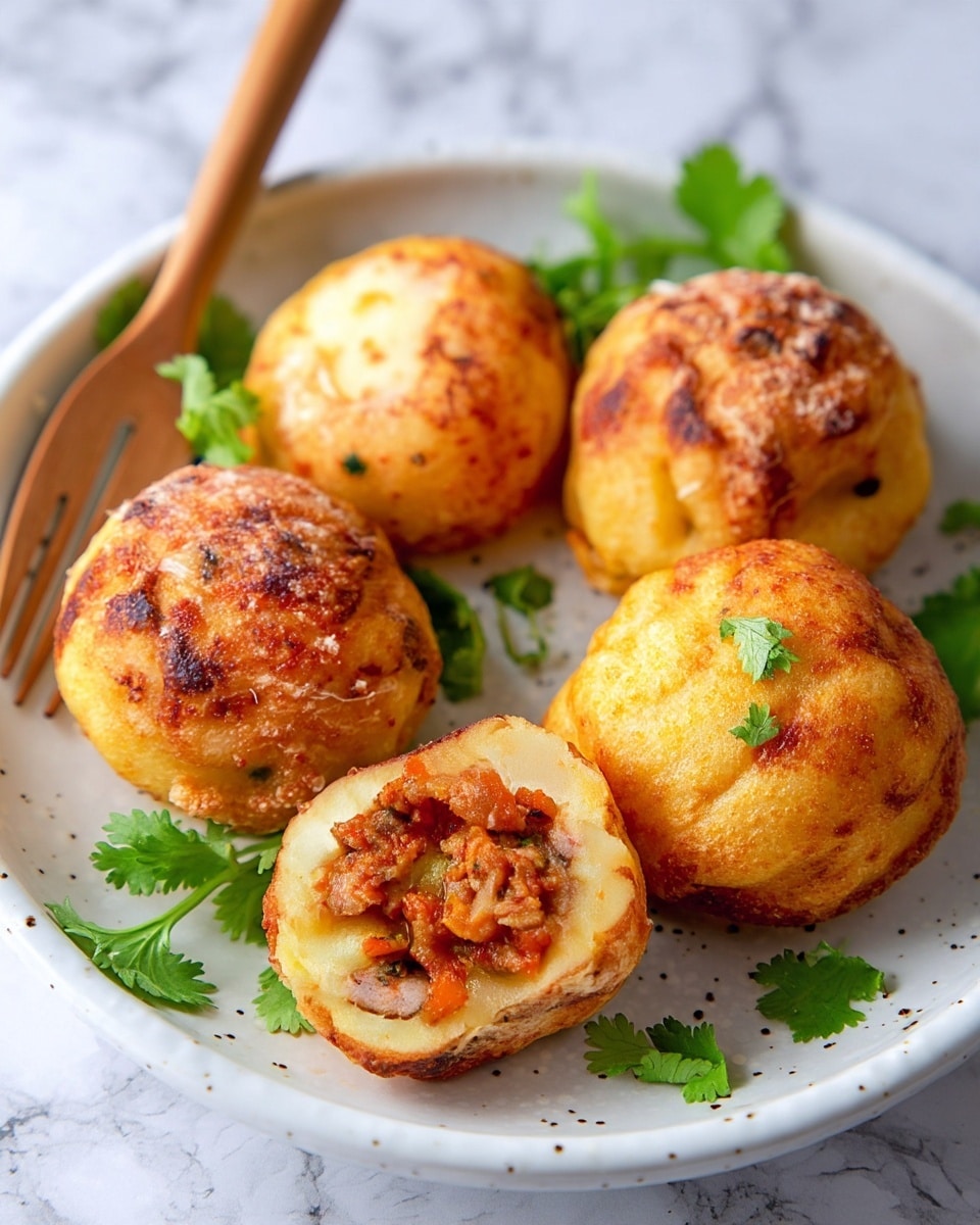 There are five golden brown fried balls on a white plate, three are whole with a rough crispy texture on the top, and two are cut in half showing an inner layer of soft yellow dough and a filling of brown minced meat mixed with orange and green bits, placed on the right side of the plate. Fresh green parsley leaves are scattered around the balls. Behind the plate, there is a white bowl filled with the same minced meat filling, a light green sauce in a white bowl on the bottom right, and a beige cup with creamy white sauce near a soft pink cloth. The whole scene sits on a white marbled texture surface. Photo taken with an iphone --ar 4:5 --v 7