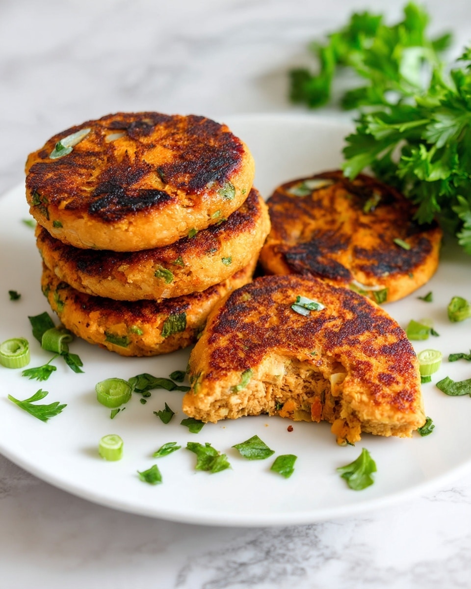 The image shows four golden-brown patties stacked slightly overlapping on a white plate. Each patty has a crispy, browned outside with a textured surface featuring small green herb pieces. Bright green chopped scallions are sprinkled on top of the patties and around the plate for garnish. The plate sits on a white marbled surface, with some fresh green herbs blurred in the background. photo taken with an iphone --ar 4:5 --v 7