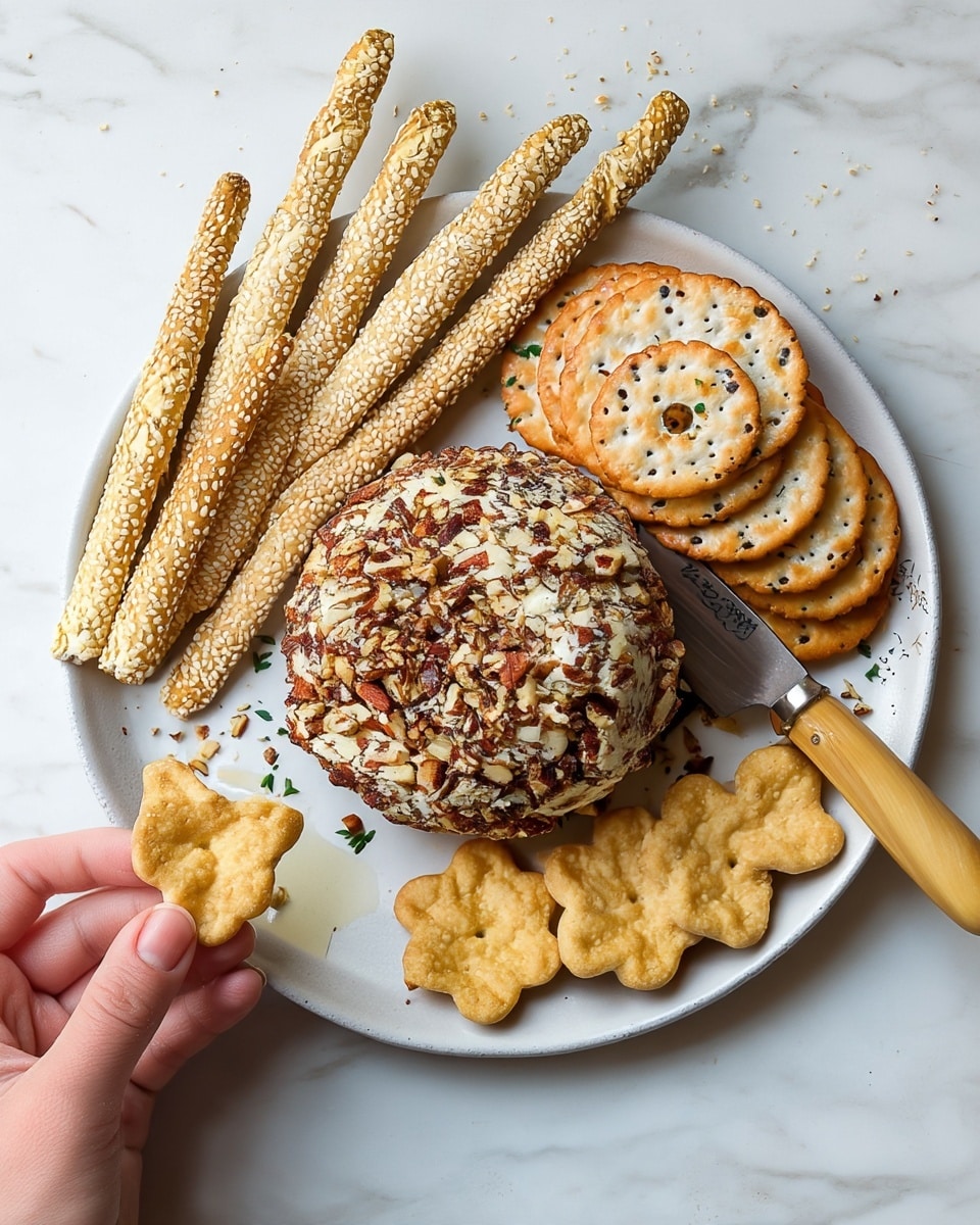 A white plate on a white marbled surface holds a round cheese ball covered in crushed nuts at the center. To the left of the cheese ball are long sesame breadsticks, light golden in color with white sesame seeds evenly coating them. On the right side, a pile of round, golden-brown crackers with a hole in the middle and sprinkled with white and black sesame seeds are stacked close together. Below the cheese ball, there are a few flower-shaped light golden crackers. Near the bottom left edge of the plate, a few slices of dark green pickles and some whole small olives are visible. A knife with a light wooden handle lies on the right side, partially resting on the crackers and plate. Photo taken with an iphone --ar 4:5 --v 7