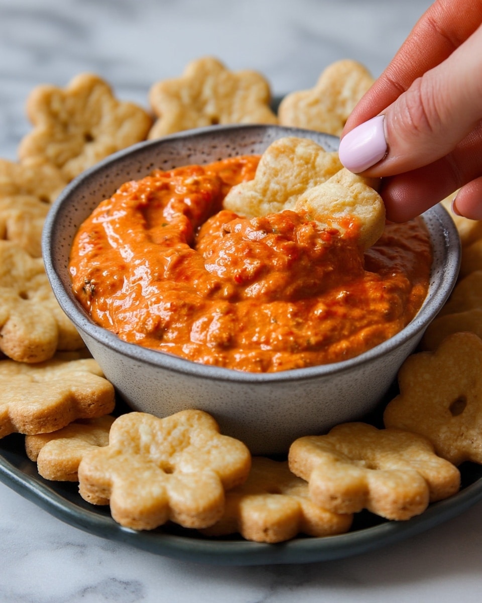 A group of pale golden, flower-shaped crackers with a slightly rough texture are arranged around a small, white speckled bowl filled with thick, orange-red dip that has a creamy, slightly chunky texture. Beside this, there is a small brown bowl containing a dark red spice oil topped with red pepper flakes. The dishes rest on a dark dish placed on a white marbled surface, with a striped beige and blue kitchen towel partially under the plate. photo taken with an iphone --ar 4:5 --v 7