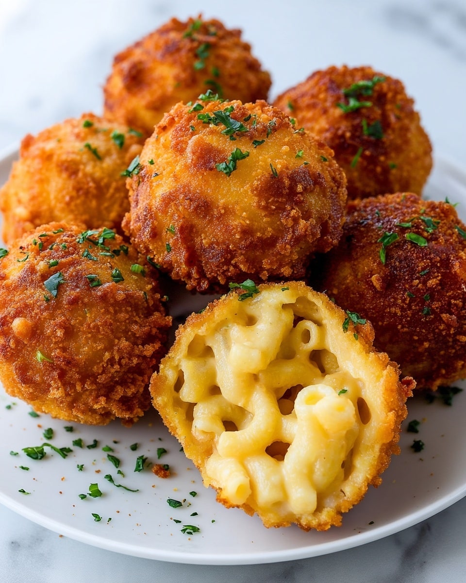 The image shows several round, golden-brown fried balls placed closely together on a white plate, each with a crunchy and textured outer coating. One ball is cut open at the top front, revealing soft, creamy macaroni and cheese inside, with light yellow pasta curled in a rich cheese sauce. Small bits of green herbs are scattered on the outer surface of the balls and the plate. The background has a white marbled texture, with more balls slightly out of focus behind the main group. The lighting highlights the crispiness of the crust and the smooth, gooey inside. Photo taken with an iphone --ar 4:5 --v 7