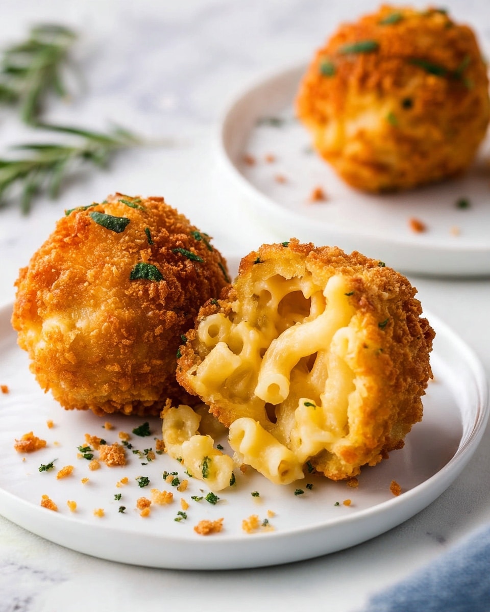 Two fried mac and cheese balls are placed on a white plate on a white marbled surface. The front mac and cheese ball is cut in half, showing inside layers of creamy, soft, pale yellow macaroni. The outer layer is crunchy and golden brown with a rough texture. The whole mac and cheese ball in the background has the same crunchy, golden brown coating with small green garnish dots. Small crumbs are scattered on the plate around them. Photo taken with an iphone --ar 4:5 --v 7